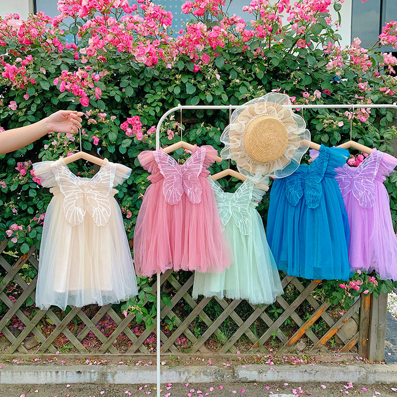 Alas de mariposa niñas vestido de malla 2024 verano nuevo bebé niña princesa vestido pettiskirt un envío